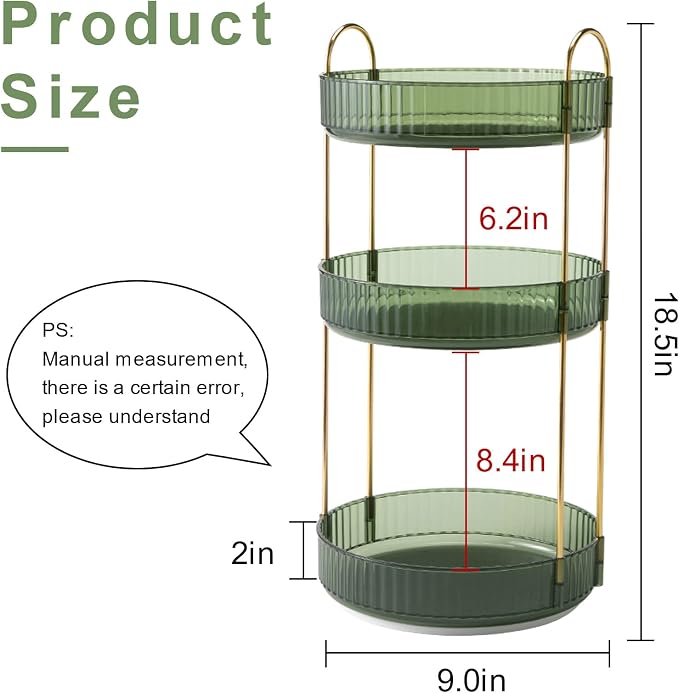 INVSSENE 360° Rotating Makeup Organizer, Bathroom Make Up Spinning Holder Rack, Large Capacity Cosmetics Storage Vanity Shelf Countertop, Fits Cosmetics, Perfume, Skincare(3 Tiers, Green)
