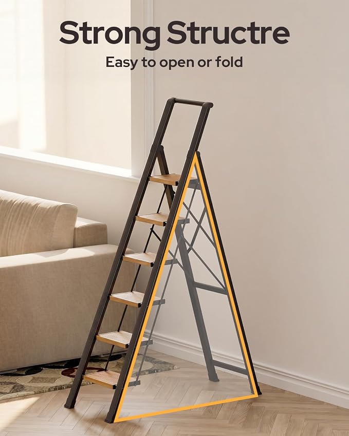 6 Step Ladder for 12 Feet High Ceiling, Lightweight Aluminum Folding Step Stool with Convenient Handgrip, Stepladders with Anti-Slip and Wide Pedal for Home Use Space Saving - Black+Woodgrain