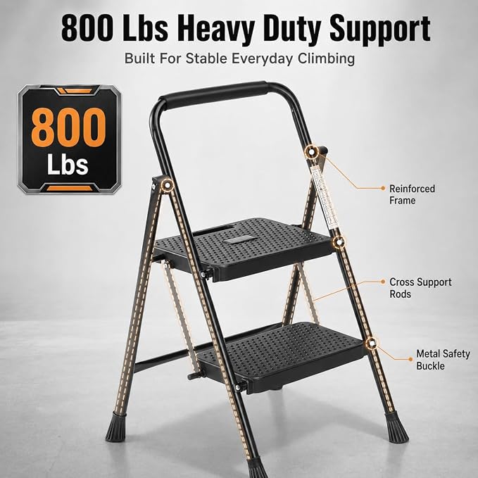 Simple Deluxe 2 Step Ladder, Step Stool Foldable, 800lbs Portable Ladder with Wide Anti-Slip Pedal, Step Stool for Adults, Lightweight Step Ladder for Home Kitchen and Outdoor