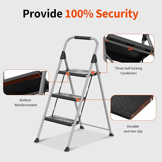 DIAMONDFORGE 3 Step Ladder, Folding Step Stool with Wide Anti-Slip Pedal, Soft Grip Handle, Non-Slip Feet, Sturdy Steel Construction, 900 lbs Capacity Steel Ladder for Home and Office, Grey