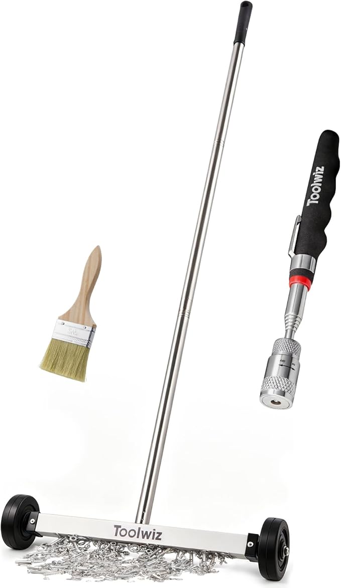 Toolwiz 15" Rolling Magnetic Sweeper 10lbs, with 8 lbs Telescopic Magnetic Pick Up tools with LED light– Telescoping Holder to Pick Up Nails Magnetic Sweeper for Construction