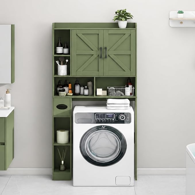 Vabches Over The Toilet Storage Cabinet, Farmhouse Storage Cabinet Over Toilet with 2 Barn Doors & Toilet Paper Holder Stand，Home Space-Saving Toilet Rack, for Bathroom, Restroom, Laundry. Green