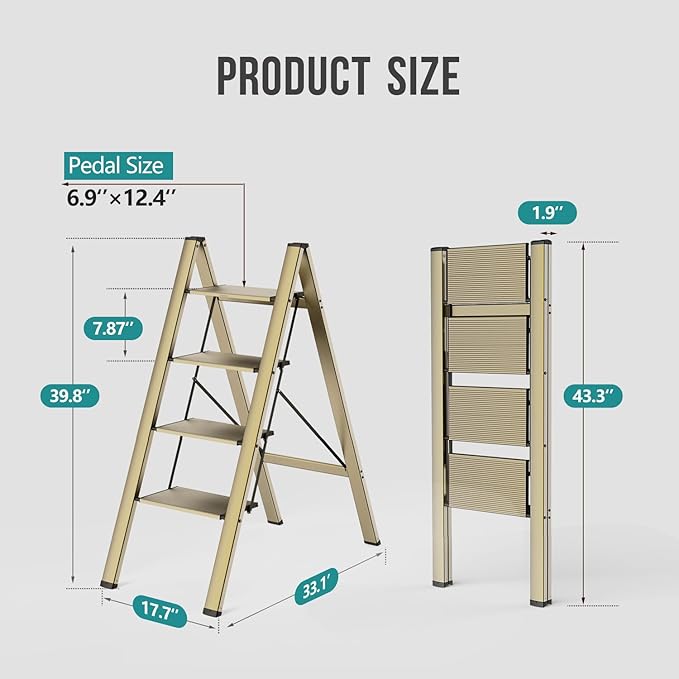 WOA WOA 4 Step Ladder, Foldable Step Stool, Aluminum Lightweight Ladder for Home Kitchen Closet, Anti-Slip Pedals, Ease of Folding, Portable, 300lbs Capacity - Gold