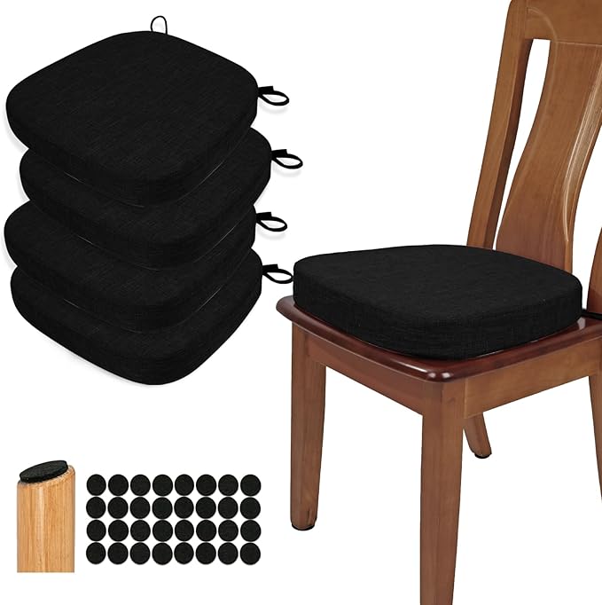 BUYUE Thickened 2.5" Dining Chair Cushions Set of 4, U-Shape High Density Foam Comfortable Chair Pads for Kitchen, Slip Resistant Indoor Seat Cushions (4 PCS, Black)
