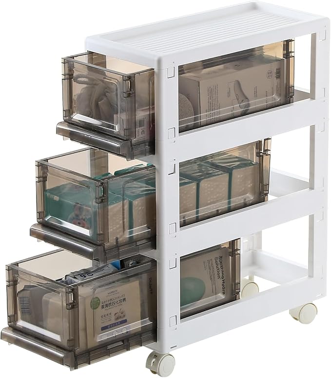 Plastic 3 Drawer Storage Organizer, Narrow Plastic Storage Drawers with Wheels, Storage Cart with Drawers for Small and Narrow Space, 7.87-inch Wide (white)
