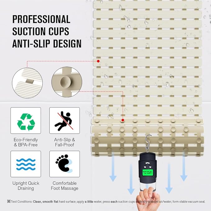 MBOSS Bath Tub Shower Mat Non Slip Bathtub Mats for Bathroom Shower Floor Mat Bath Mats for Shower Tub Anti Slip Shower Mat with Drain Hole and Large Suction Cups (Ivory White, 37.5 X 15.7 Inch)