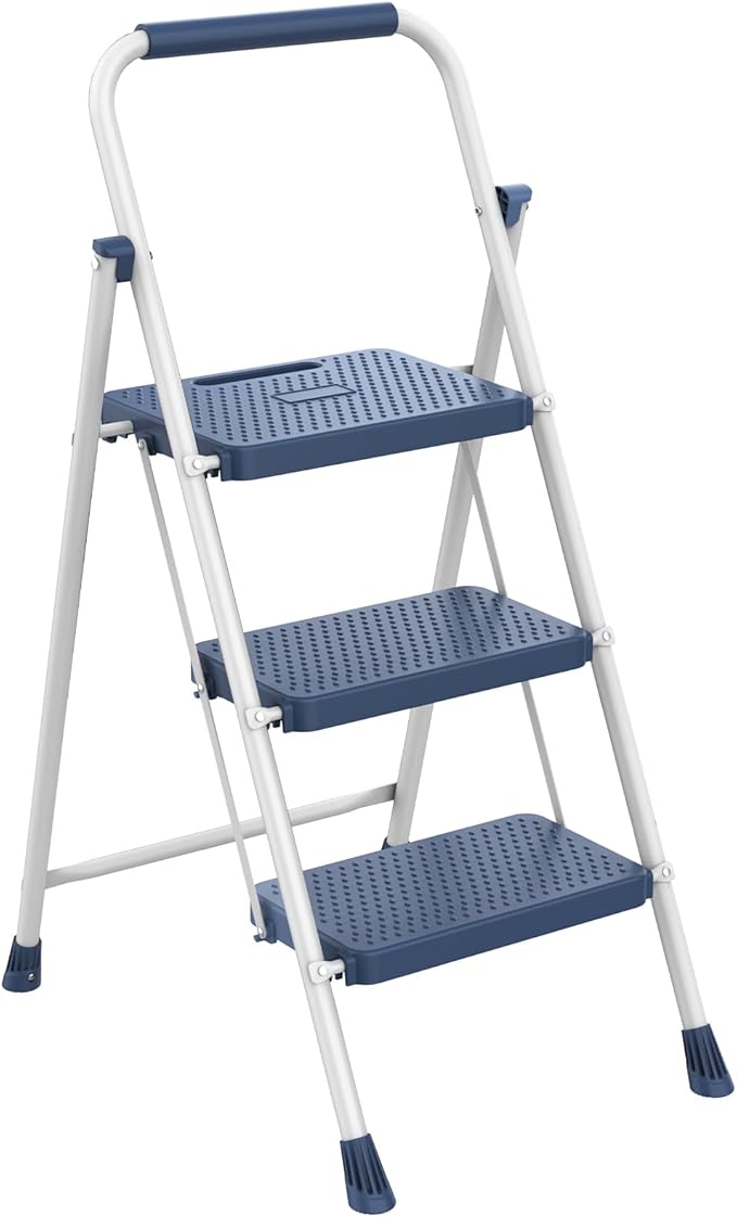 DUMOS Step Ladder, 3 Sturdy Step Stool with Anti-Slip Pedal & Comfortable Handrail, Portable Heavy Duty Step Stool for Kitchen, Garage & Outdoor Use, 800lbs, Calm Blue