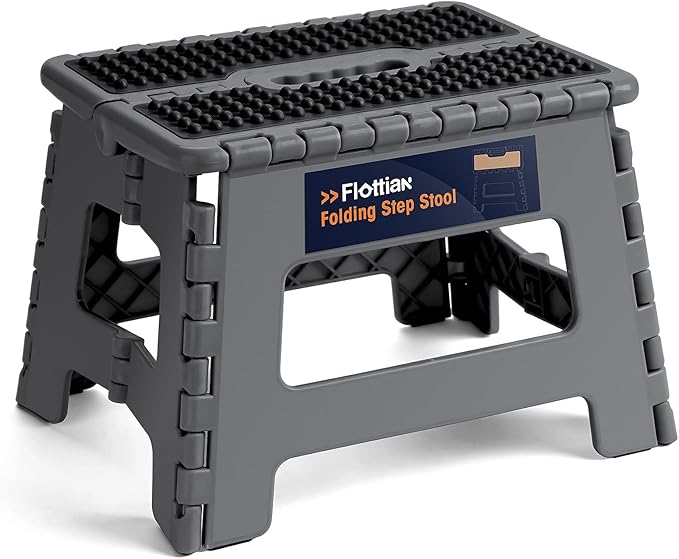 Flottian 9" Folding Step Stool for Adults and Kids Holds Up to 300 lbs,Non-Slip Folding Stools with Portable Handle, Compact Plastic Foldable Step Stool for Bathroom,Bedroom, Kitchen Gray