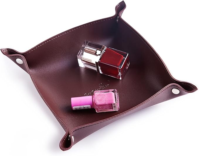 Leather Jewelry Valet Tray for Women and Man, Portable Entryway Table Tray Bedside Nightstand Desk Tray Small Catchall Travel Dish Plate for Key,Wallet,Watch,Coin(8x8, Deep Brown-B)