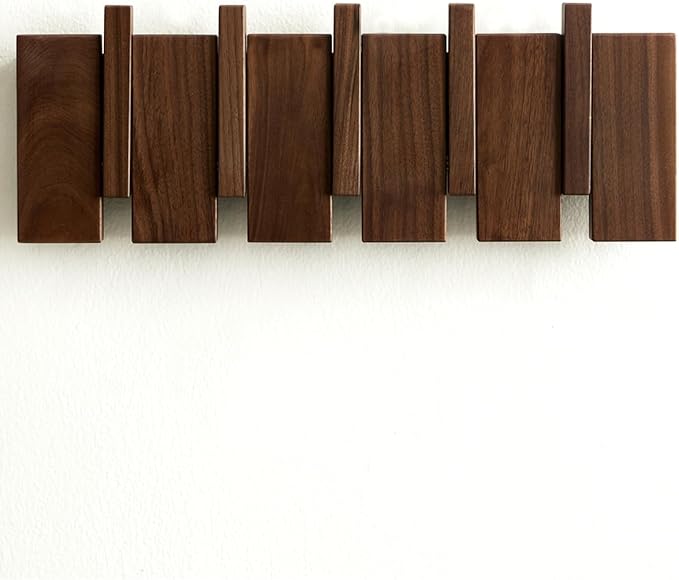 Wood Coat Rack Wall Mount - Large Walnut Piano Coat Rack wtih 5 Hooks for Hanging Clothes,Keys,Robes,Purse,Towels,Modern Decorative Wall hooks Heavy Duty Hanger Organizer for Bathroom/Bedroom/Entryway