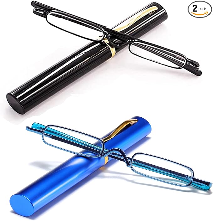 Viseng Slim Mini Metal Reading Glasses Compact Lightweight Portable Readers with Glasses Case for Reading Case Black+Blue+3.0