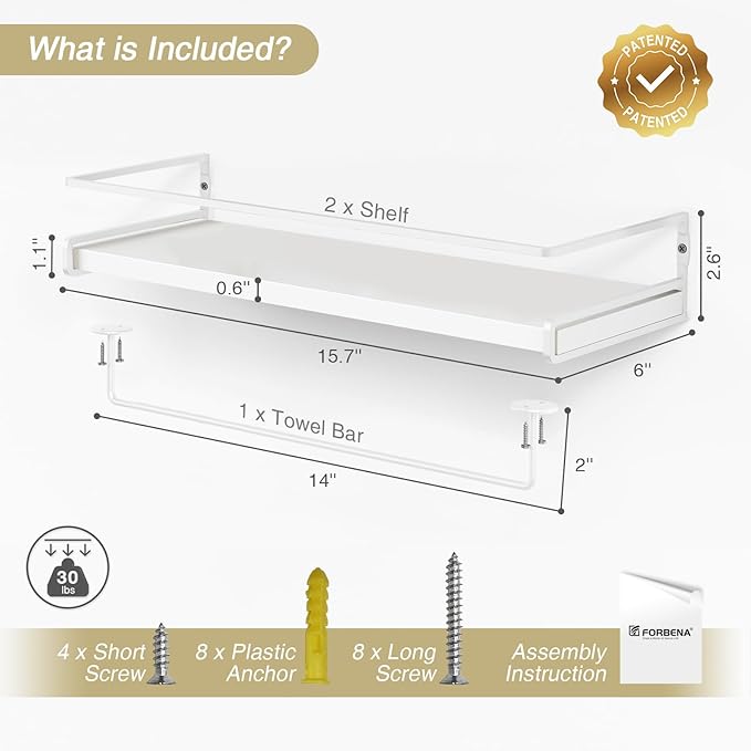 Forbena Bathroom Shelves for Wall Set of 2, White Nursery Floating Book Shelves for Kids Room, Small Wall Mount Bookshelf and Toy Storage Organizer for Baby Toddlers Teens Boys Girls Bedroom