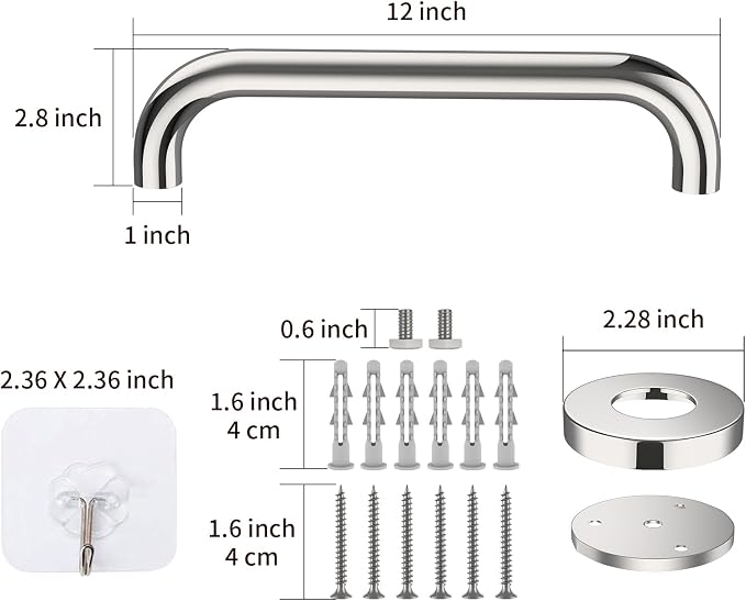 12 Inch Stainless Steel Shower Grab Bar - ZUEXT Shower Handle, Bathroom Balance Bar - Safety Hand Rail Support - Handicap, Elderly, Injury, Senior Assist Bath Handle (w/Self-Adhesive Stick-on Hook)