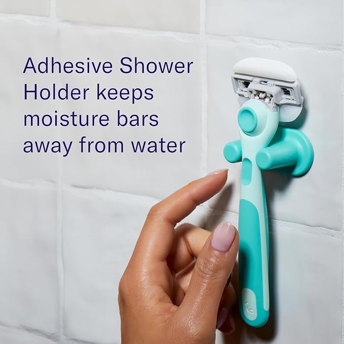 Flamingo Moisture Plus Women's Razor Set - No Shave Gel Needed - 1 Razor Handle, 1 Blade Refill, Shower Holder - Seafoam