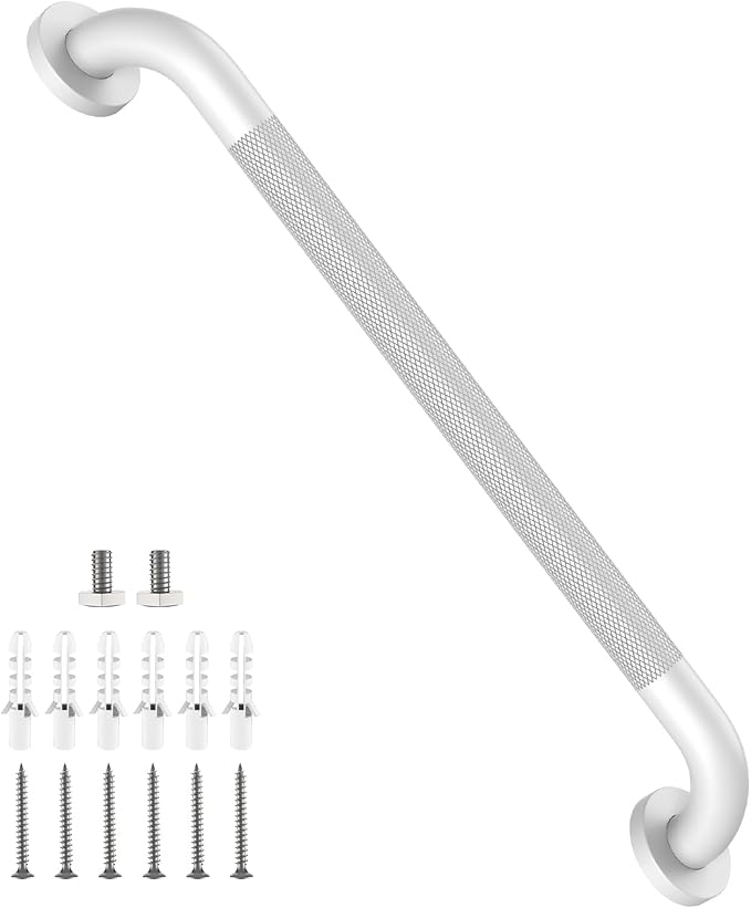 White Grab Bar 24 Inch, iHansee Anti-Slip Bathroom Grab Bar w/Knurled Texture Grip, Stainless Steel Safety Handrail for Toilet Bathtub, Wall Mounted Shower Handle Handicap Bars for Senior Elderly