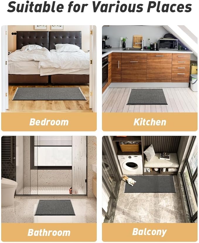 Upgraded Waffle Runner Rug, Super Absorbent Non Slip Bath Mats for Bathroom Floor, Washable Bathroom Runner Rug with Tassels, Ideal for Hallway Bedroom Laundry Room, Black & Cream, 2'x 6'(24" x 72")