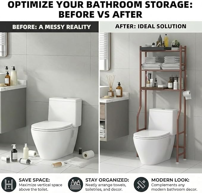 GloTika 3-Tier Over Toilet Storage with Anti-Tilt Safety System - 150lb Total Capacity Metal Bathroom Shelves Including Paper Holder & 4 Hooks, Space Saving Above Commode Organizer (64" H, Bronze)