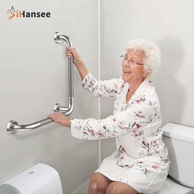 Angled Grab Bar 16x16 Inch Stainless Steel Knurled Toilet Handles Wall Mounted Bathroom Handicap Safety Rails for Elderly Injured Balance Support, L-Shaped Brushed Nickel Grab Bar for Shower