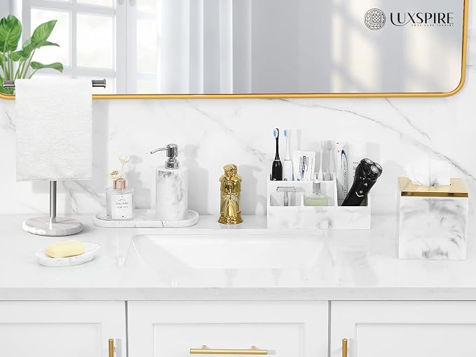Luxspire Bathroom Counter Organizer, Toothbrush Holder for Bathroom 5 Slot, Large Countertop Organizer Storage Marble Bathroom Accessories for Toothbrush Toothpaste, Gravel White