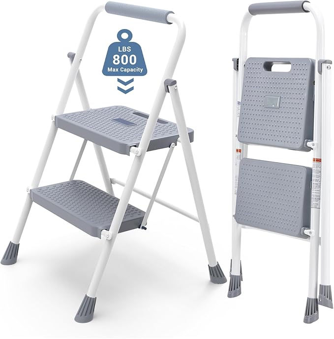 DUMOS 2 Step Ladder, Sturdy Step Stool with Anti-Slip Pedal & Comfortable Handrail, Portable Heavy Duty Step Stool for Kitchen, Garage & Outdoor Use, 800lbs, Grey