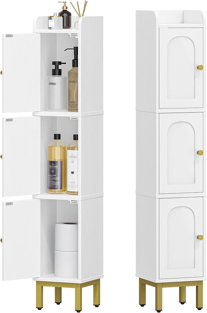 Hzuaneri Slim Bathroom Storage Cabinet, Narrow Bathroom Organizers and Storage with 4 Adjustable Feet, Laundry Room Organization for Small Space, Kitchen, Living Room, 3 Doors White BC22313G