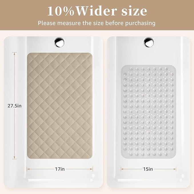 Yolife Bathtub Shower Mat Non Slip, Natural Rubber Bath Tub Floor Liner Mats with Strong Suction Cups for Inside Shower Bathroom, Machine Washable, Soft on Feet, 27.5 x 17 Inch, Brown