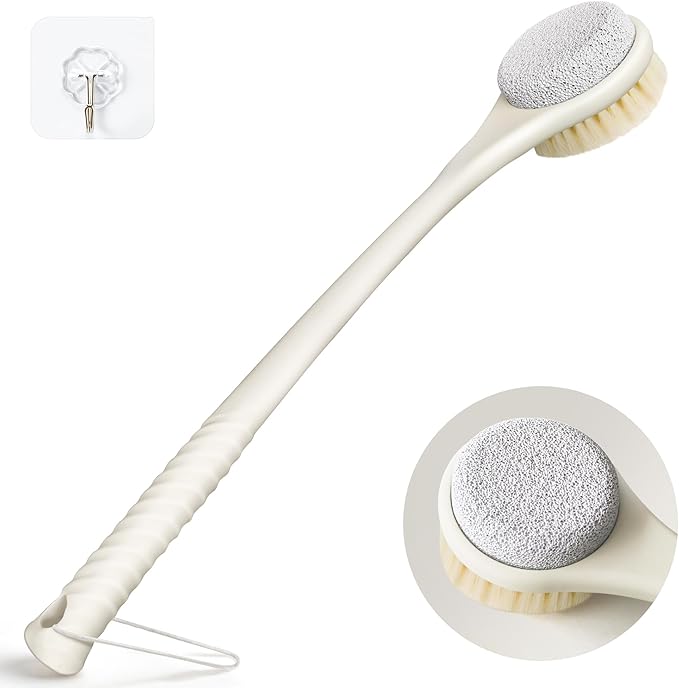 Back Scrubber for Shower, Long Handle Exfoliating Brush, Dual-Sided Bath Brush with Soft Bristles & Volcanic Pumice Stone, Anti-Slip Grip for Men & Women (Light Yellow)