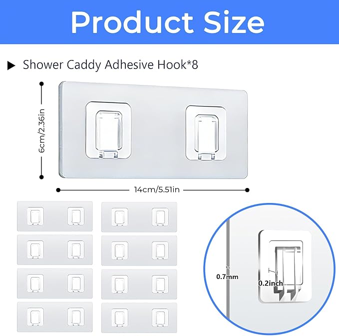 Shower Caddy Adhesive Replacement Hooks, Heavy Duty Waterproof Strips, No Drilling for Bathroom Shelves, Kitchen Racks, and Soap Holders (Transparent-8Pack 2Hook)