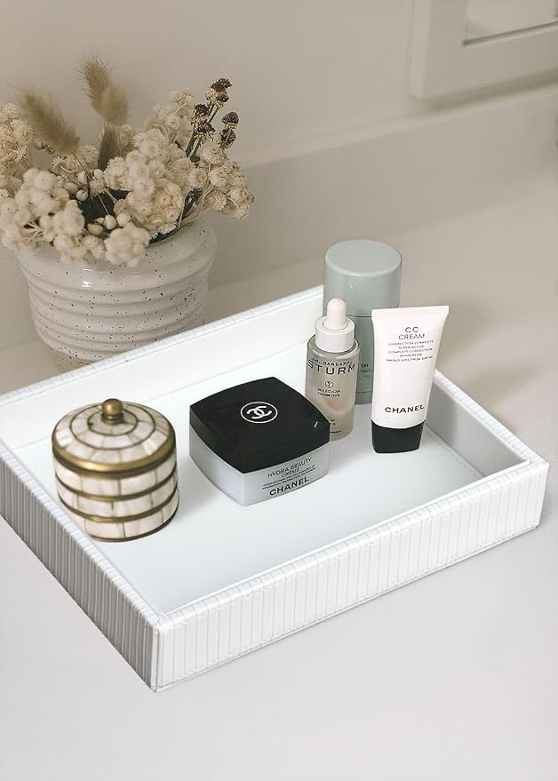 HofferRuffer Faux Leather Vanity Tray, Elegant Desktop Storage Organizer, Decorative Catchall for Perfume, Bathroom Valet, Nightstand or Dresser, 10.2 x 8.4 x 1.8 inches (White Stripe)