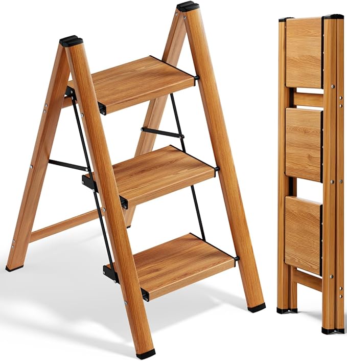 SOLADDER 3 Step Ladder, Folding Aluminum 3 Step Stool with Anti-Slip Wide Sturdy Pedal, Multi-Use for Home and Kitchen, Space Saving-Woodgrain(300 lbs Capacity)