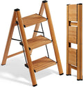 SOLADDER 3 Step Ladder, Folding Aluminum 3 Step Stool with Anti-Slip Wide Sturdy Pedal, Multi-Use for Home and Kitchen, Space Saving-Woodgrain(300 lbs Capacity)