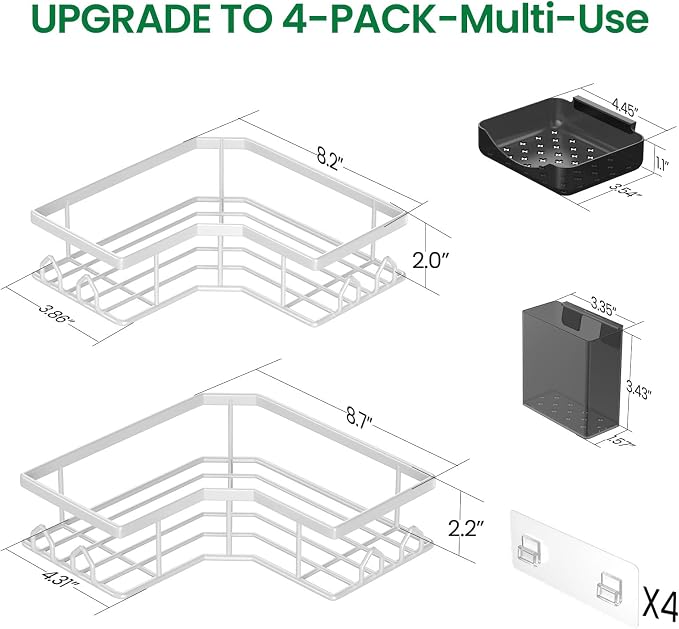 Adhesive Shower Caddy, 4 Pack Corner Bath Organizer, Rustproof Stainless Steel Shower Shelves with Large Capacity, No Drilling Shelves for Bathroom Storage, Home, Kitchen Décor (White).