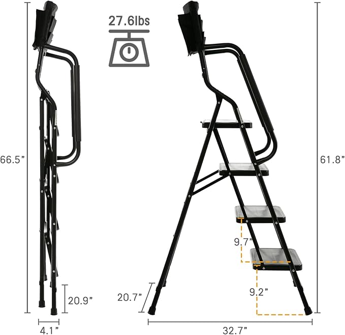 WiberWi 4 Step Ladder with Handrails 500 lb Capacity Step Stool Folding Portable Ladders for Home Kitchen Steel Frame with Non-Slip Wide Pedal Stepladder with Attachable Tool Bag Black