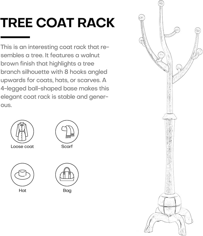 Bekrvio Coat Rack, Solid Wood Coat Racks Stand, Free Standing Coat Rack Coat Hanger with Hooks for Jaceket, Winter Coats, Entryway, Hallway, Bedroom - Load 160lbs (White)