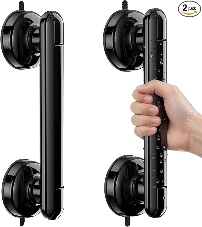 2 Pack Suction Cup Grab Bars for Bathtubs and Showers, 11 Inch Bathroom Safety Grip No Drilling & Waterproof, 230lbs Shower Handle Removable Bath Handrails for Seniors and Elderly, Black