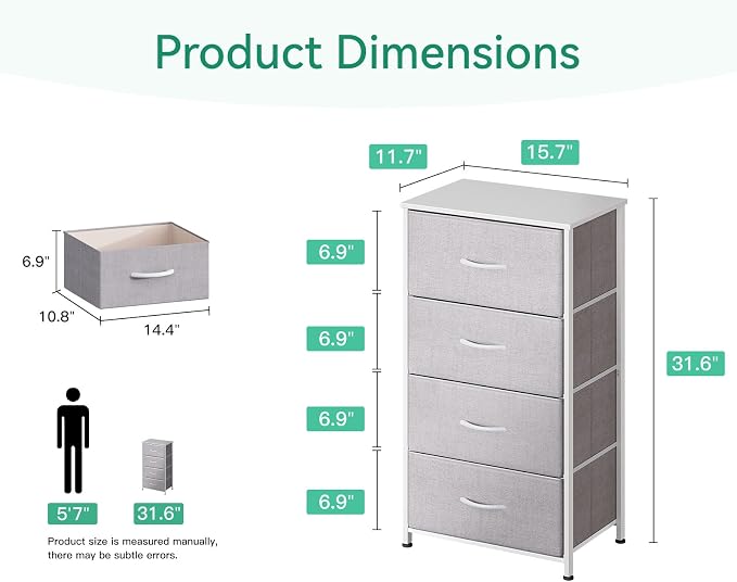 AODK Dresser for Bedroom with 4 Storage Drawers, Small Dressers Chest of Drawers Fabric Dresser with Sturdy Steel Frame, Dressers for Closet with Wood Top, Light Grey