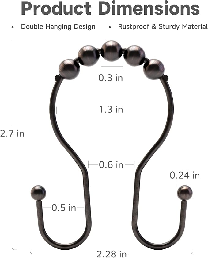 Bathway Shower Curtain Hooks Bronze Shower Curtain Rings Rust Proof Double Hook Shower Curtain Hooks, 12 Pcs Shower Hooks for Shower Curtain, Shower Rings for Curtain Bathroom, Metal Shower Rod Hooks