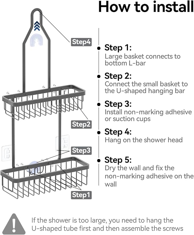 YASONIC Never Rust Shower Caddy Hanging, Aluminum Shower Racks for Inside Shower, 2-Tier Shower Organizer Hanging Over Shower Head with Hooks and Soap Holder, Grey