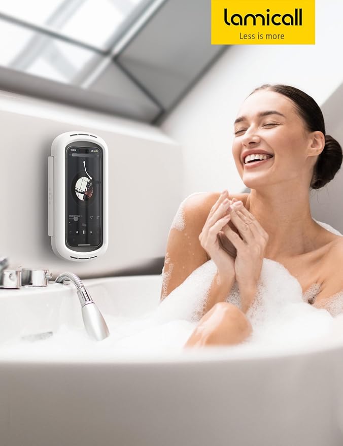 Lamicall Shower Phone Holder with Speaker Holes, IPX6 Waterproof Clear Sound & 480° Rotation Shower Case Accessories, Waterproof Bathroom Wall Mount for iPhone 17 Pro Max, S26 Ultra, 4-7" Phone