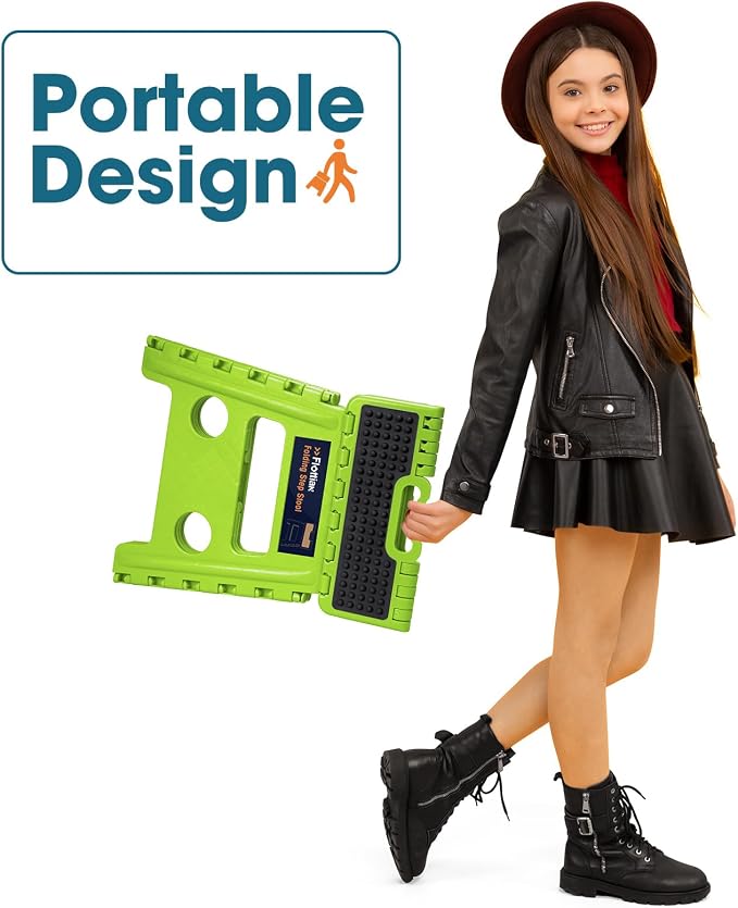 Flottian 13" Folding Step Stool for Adults and Kids Holds Up to 300 lbs,Non-Slip Folding Stools with Handle, Compact Plastic Foldable Step Stool for Bathroom,Bedroom, Kitchen,Grass Green,1PC