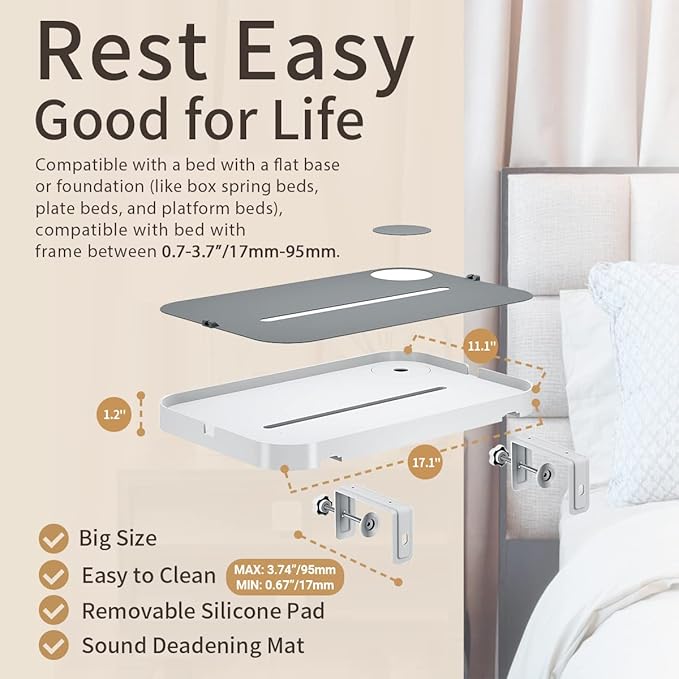 KIWIFOTOS 17" Large Bedside Shelf for Bed Dorm Organizer Clip-on Nightstand, Bedside Tray Table for Bunk Bed College Dorm Room