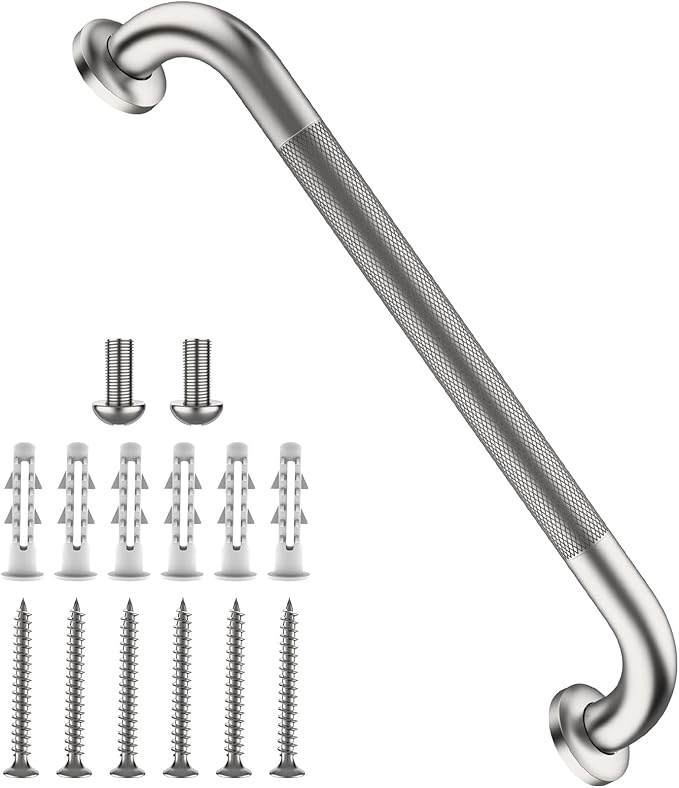 Shower Grab Bar 16 Inch, iHansee Brushed Nickel Bathroom Grab Bar w/Anti-Slip Knurled Grip, Stainless Steel Bath Safety Bars Support Handrail for Senior Elderly, Toilet Bathtub Balance Handle for Wall