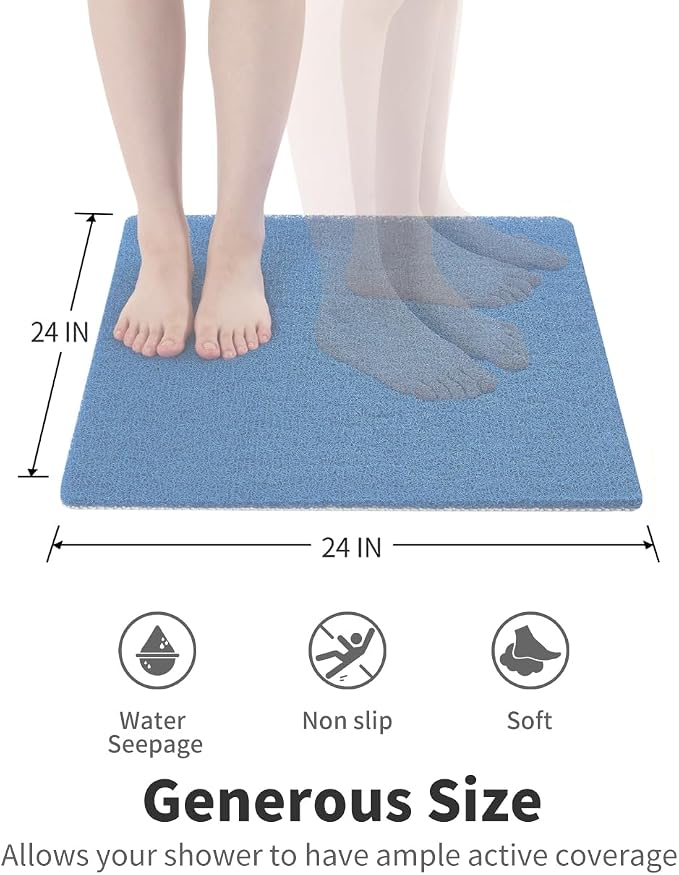 Non Slip Shower Mat, Comfortable Bath mat for Textured Surface,Quick Drying Easy Cleaning Shower Floor Mat for Wet Area,Without Suction Cups Blue 24 x 24