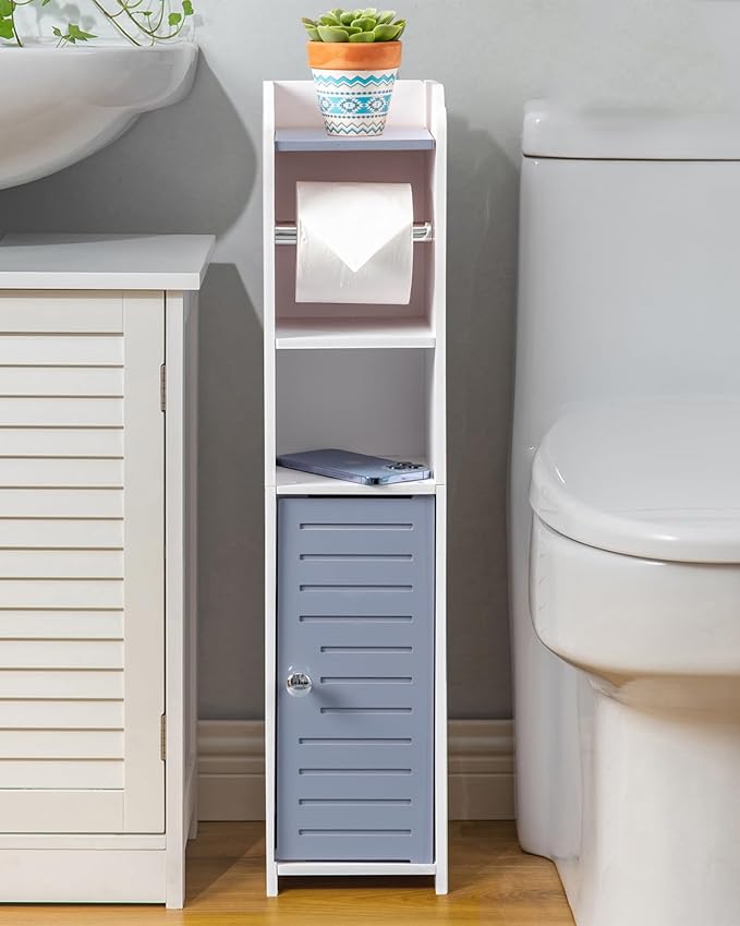 AOJEZOR Toilet Paper Holder Stand: Small Bathroom Storage Cabinet - Light Grey - White