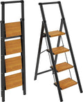 HBTower 4 Step Ladder with Handrail, Aluminum Folding Step Stool,330lbs Capacity Portable Step Ladder，Non-Slip Safety Ladder for Household,Kitchen,Office - BlackWoodgrain