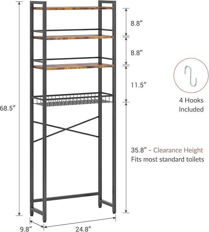 Over The Toilet Storage Shelf, 4-Tier Bathroom Organizer with Basket & Hooks, Sturdy Space Saver for Small Bathrooms, Rustic Brown & Black