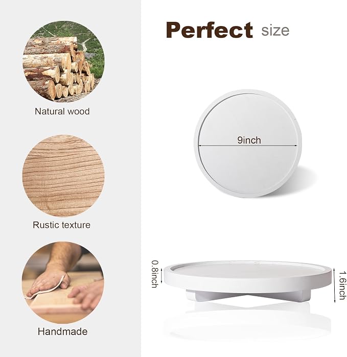 Round Decorative Tray Wood Bathroom Counter Organizer Farmhouse Kitchen Decor Wooden Riser for Soap Dish, Perfume, Candle, Sponge, 9" - White