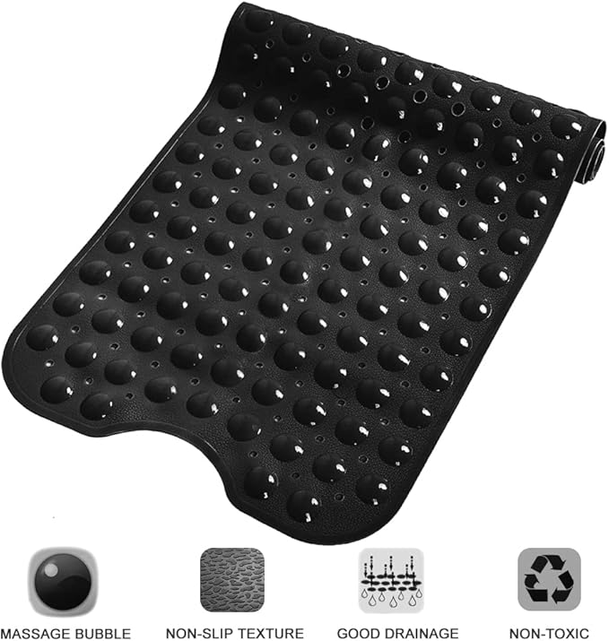 Bathtub and Shower Mats, Extra Long Non-Slip Bath Mat 39 x 16 Inch, Machine Washable Bath Tub Mat with Suction Cups & Drain Holes for Bathroom, Black