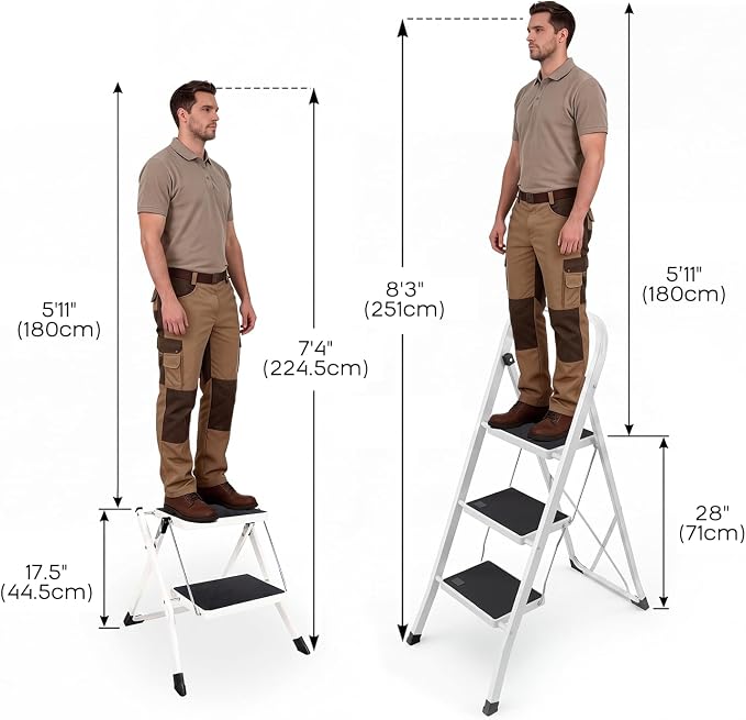 2 Step Stool Folding Step Ladder with Anti-Slip Base and Wide Pedal, Lightweight Sturdy 330 lbs Portable Step Stool for Kitchen Pantry Closet Office Garage Travel Indoor Outdoor Use, White