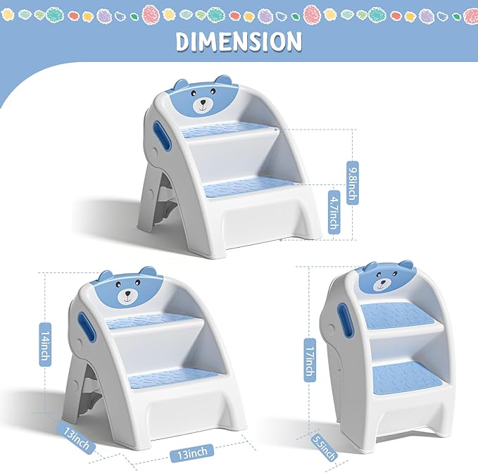 TPN Toddler Step Stool for Bathroom Sink and Potty Training Durable Anti-Slip,Anti-Tip A-Frame,10-Second Assembly, 2-Step Potty Stool with Wide Steps (Light Blue)